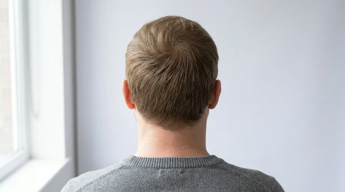 The same crown covered by a natural hair system, hair direction following the whorl
