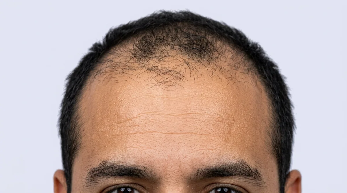 Deep bilateral temple recession and a sparse front hairline