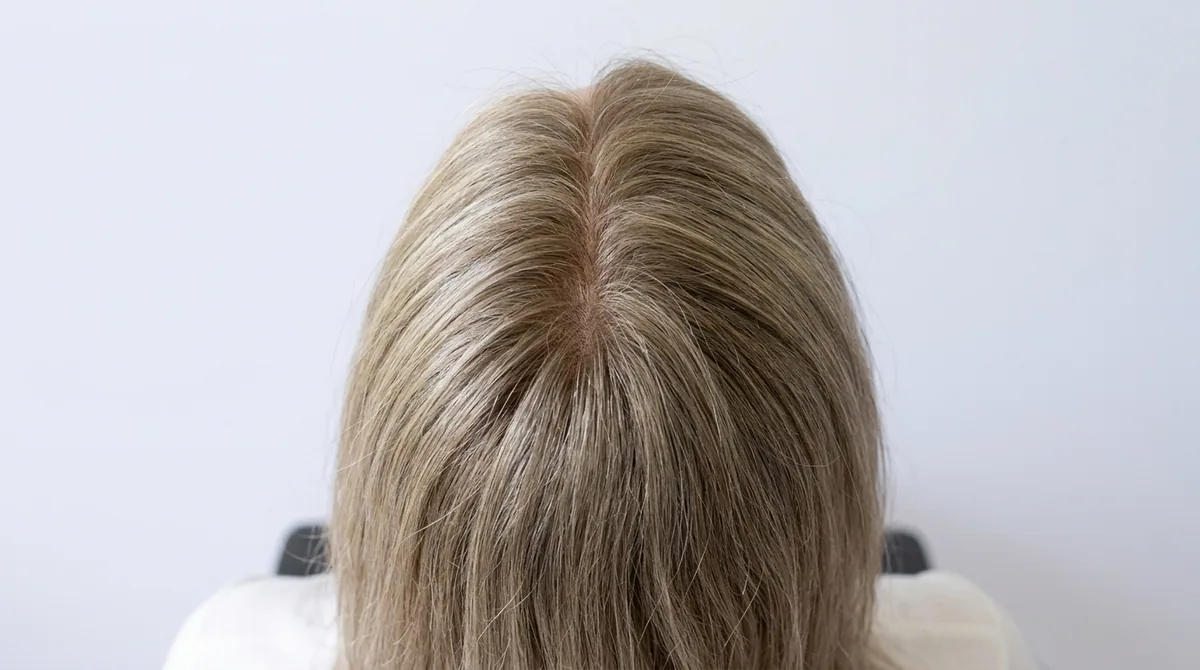 The same parting closed by a silk-top topper, no visible knots