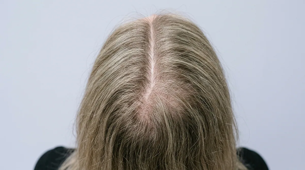 A widened centre parting with visible scalp