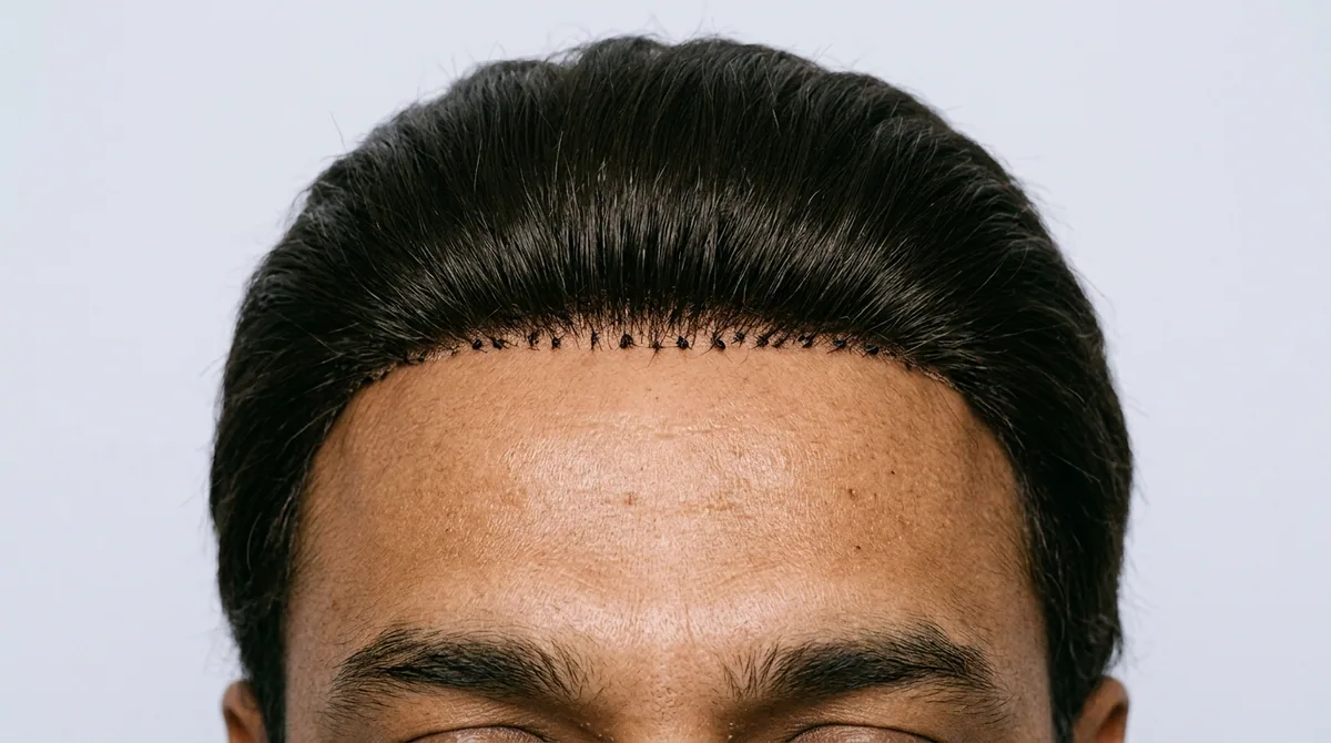 The same head with a full custom hair system, blending into the existing side hair
