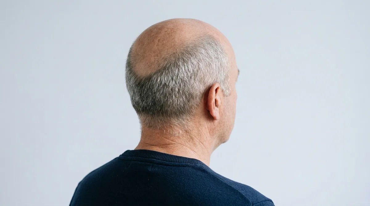 Advanced Norwood 6 loss: bald crown and top, a horseshoe of hair at the sides