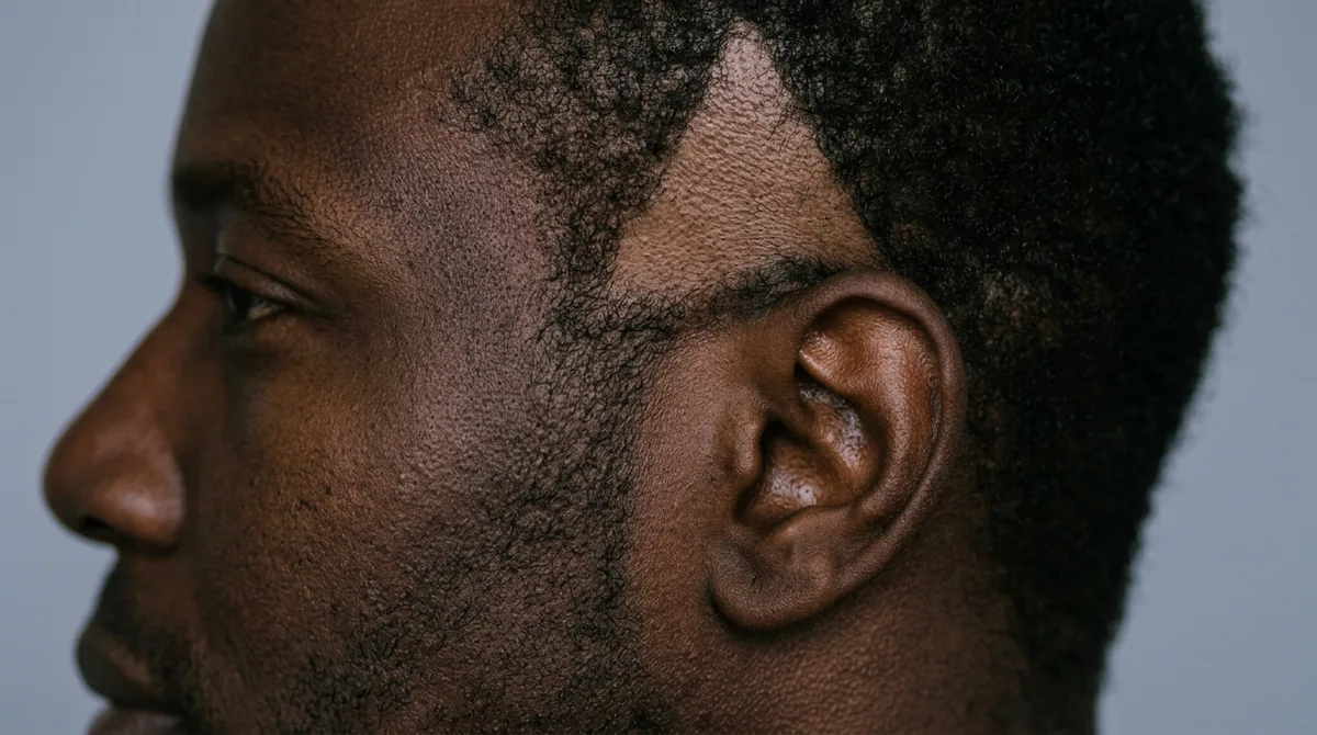 Deep temple recession, a bare triangle above the ear