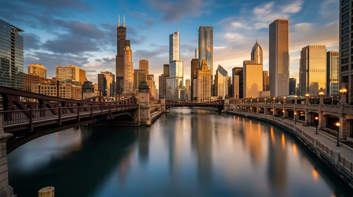 The Chicago skyline reflected in the river with a bascule bridge, at golden hour