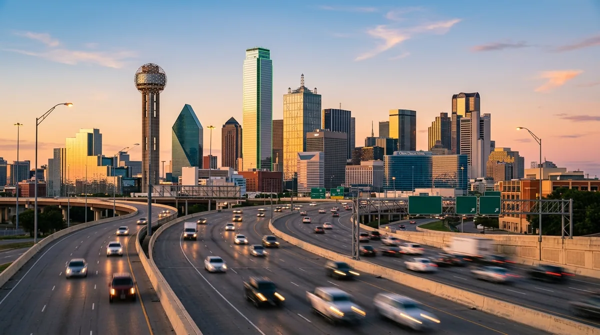 Modern Dallas glass towers along a wide highway at golden hour