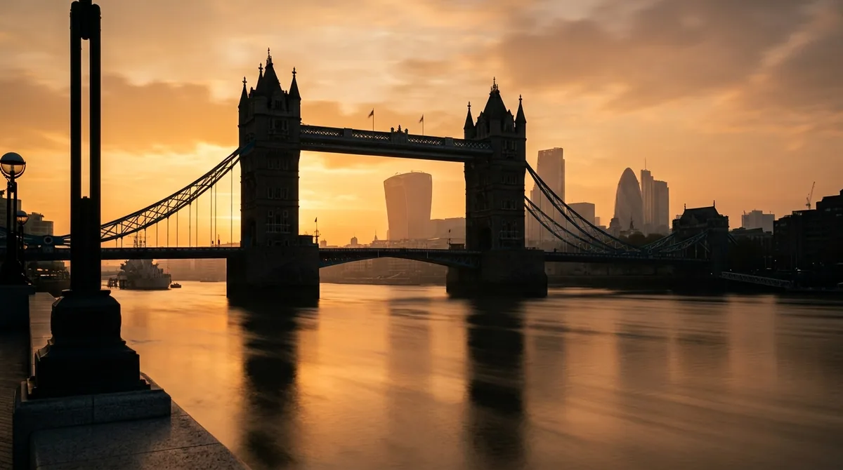 Tower Bridge and the City of London skyline at golden hour