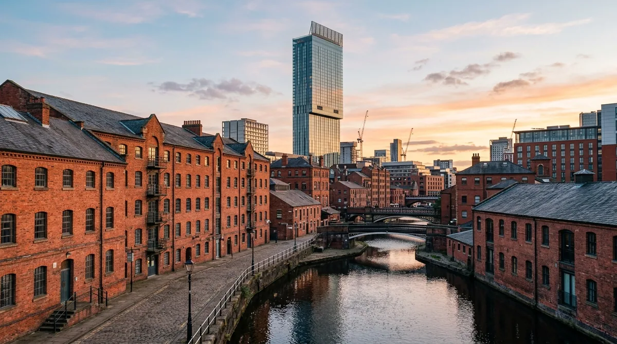 Red-brick Victorian warehouse architecture with the Beetham Tower behind, at golden hour