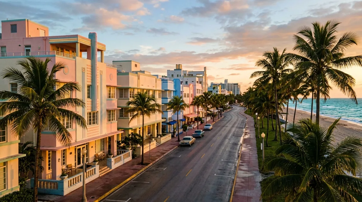 Pastel Art Deco facades along a palm-lined Miami avenue at golden hour
