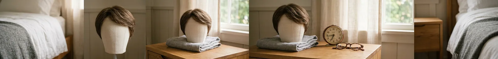 A hair system resting on a block beside a clock and glasses