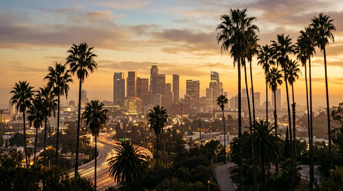 Downtown Los Angeles high-rises past a foreground of palm trees, at golden hour