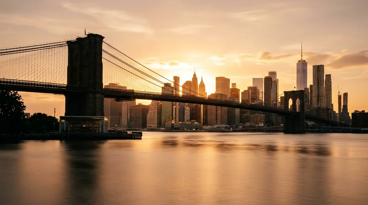 The Manhattan skyline across the East River with a suspension bridge, at golden hour