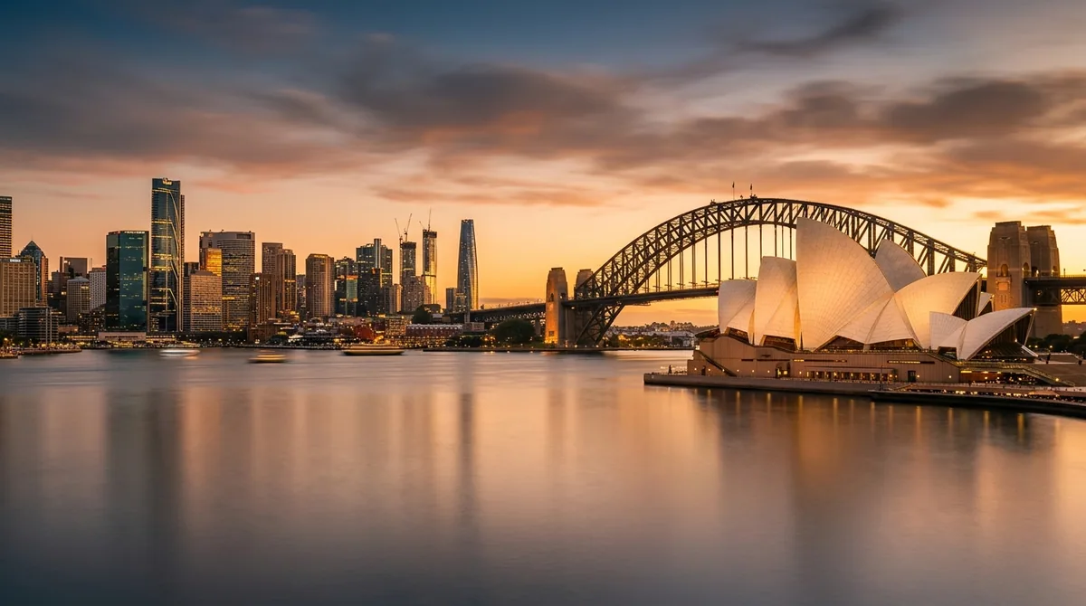 Sydney Harbour Bridge and the Opera House across calm water at golden hour