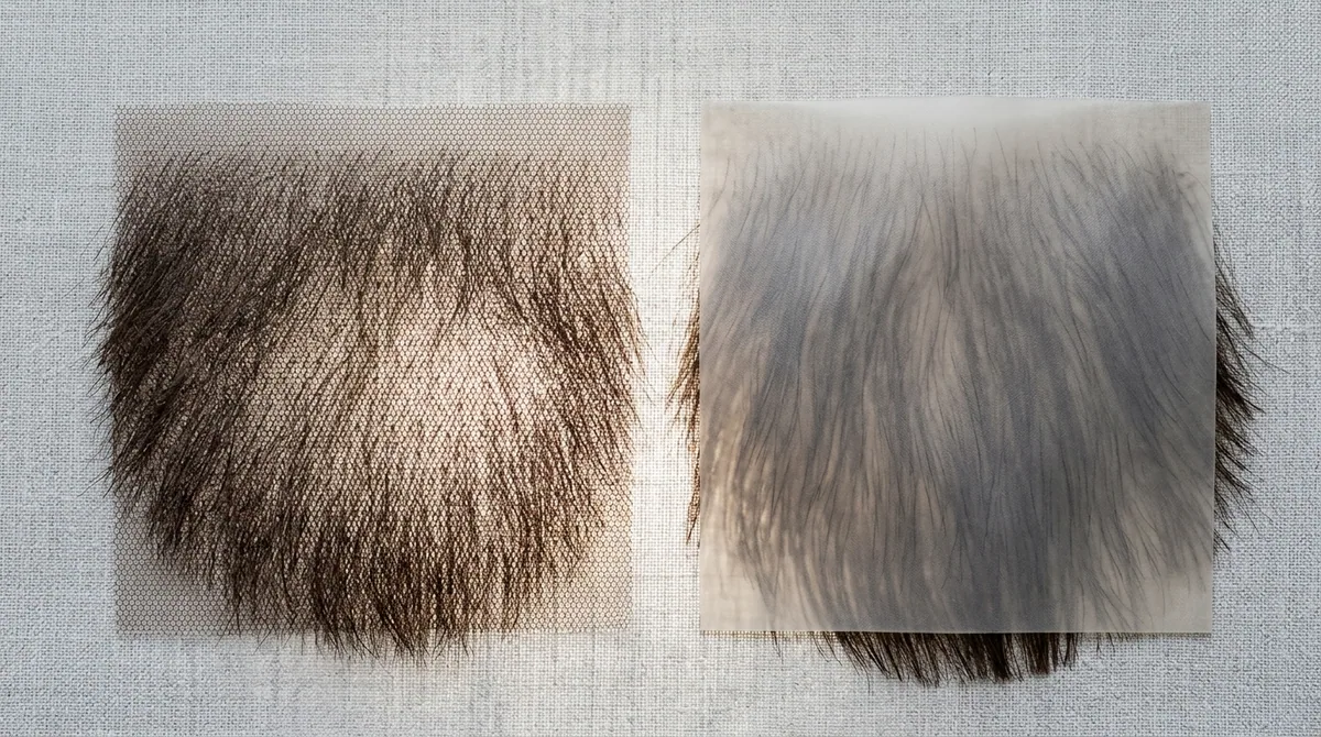A fine lace base and an ultra-thin skin base side by side, backlit to show transparency
