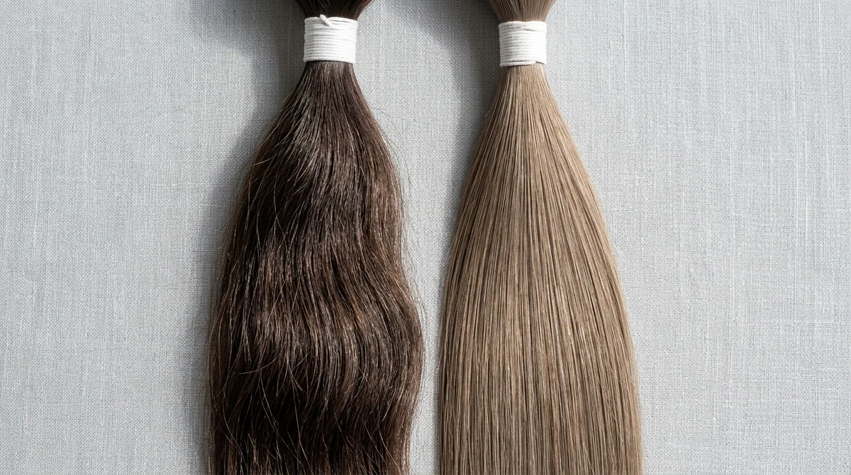 A bundle of Indian Remy hair beside a bundle of fine European hair
