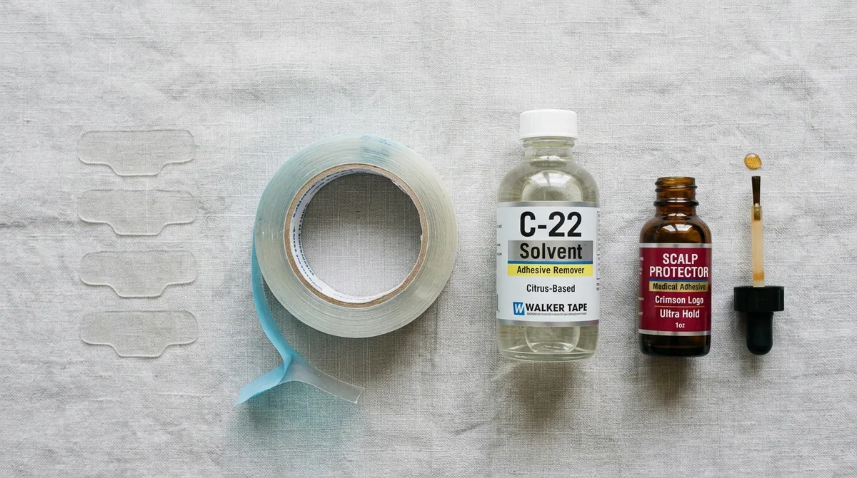 Overhead of attachment supplies: medical tape, liquid adhesive, solvent and pre-cut tabs