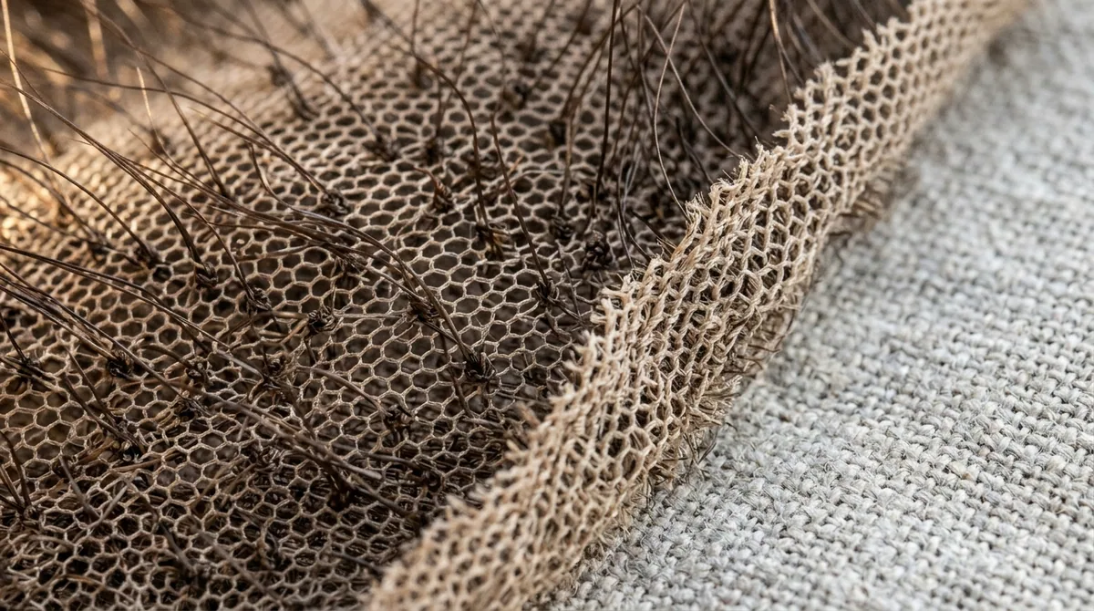 Macro of French lace base material, folded to show the weave