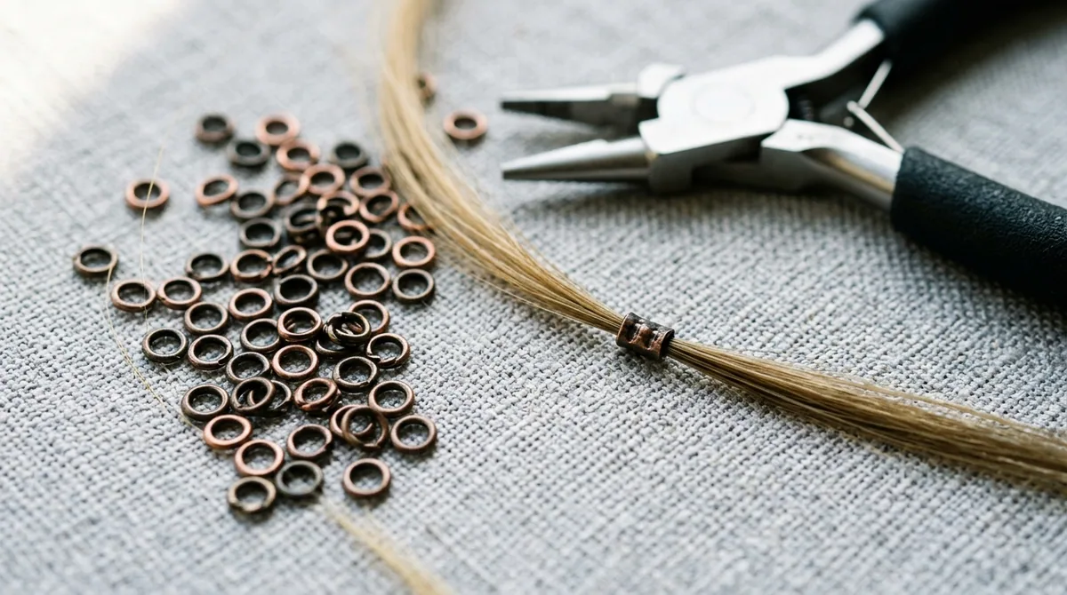 Macro of micro-rings, ring pliers and a crimped hair strand