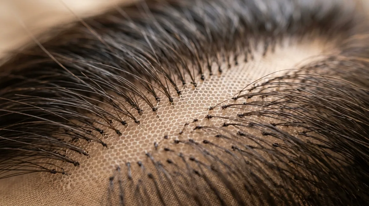 Macro of a monofilament base parted to reveal the mesh beneath