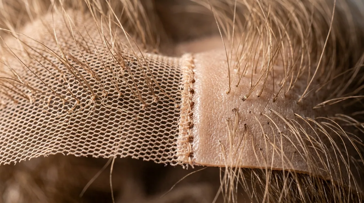 Macro of a silk-top base parting, hair emerging with no visible knots