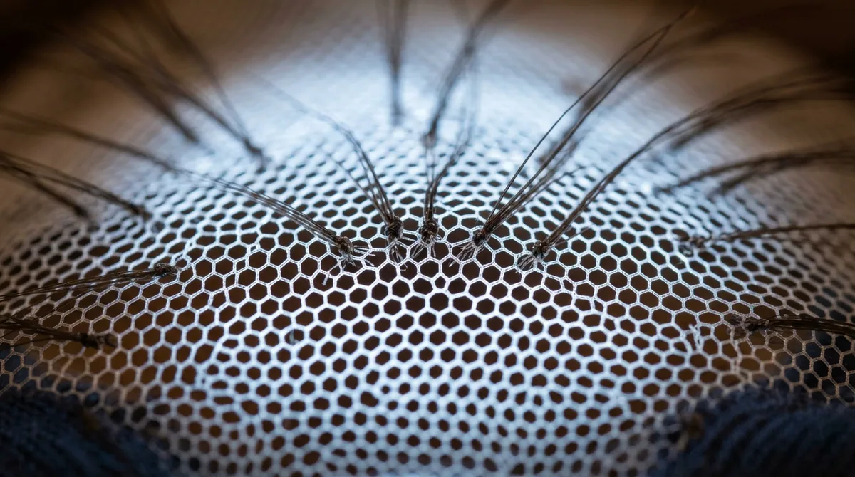 Backlit macro of fine Swiss lace mesh with hand-knotted hair