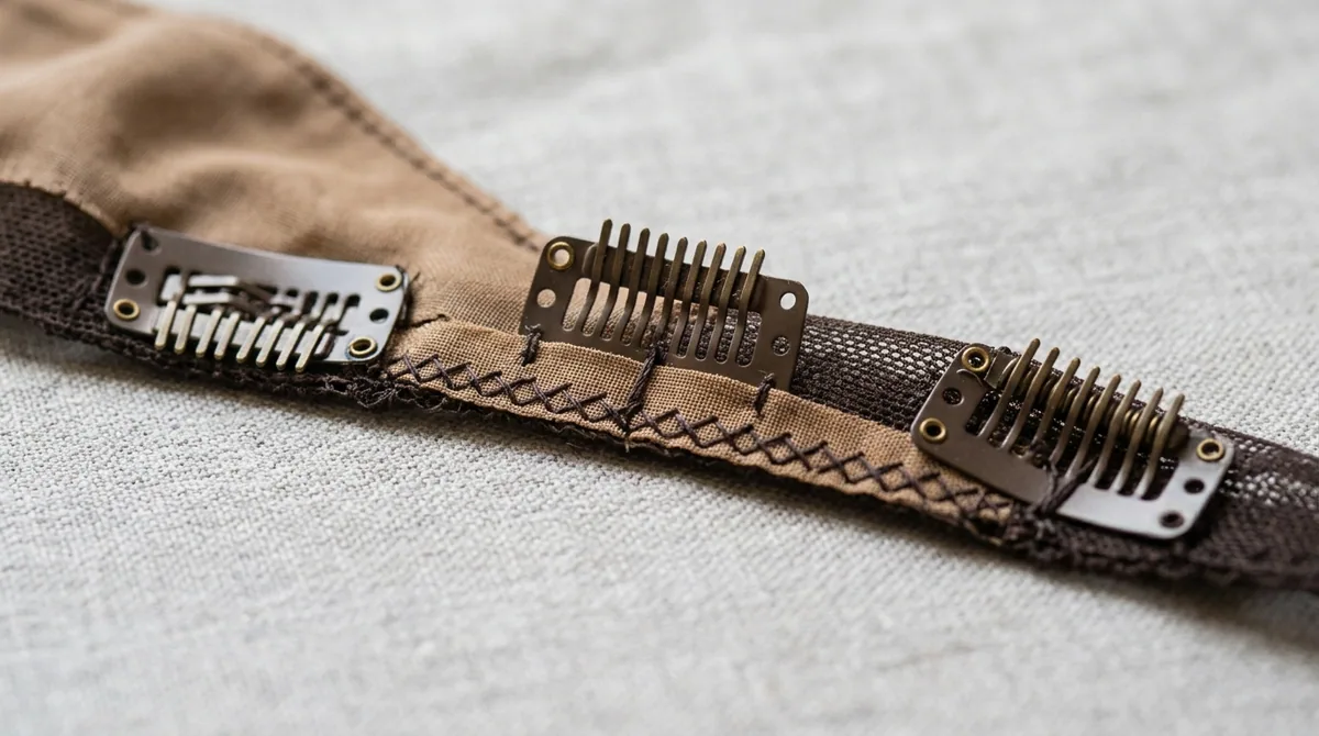 Macro of pressure-sensitive topper clips sewn onto a silk-top base edge