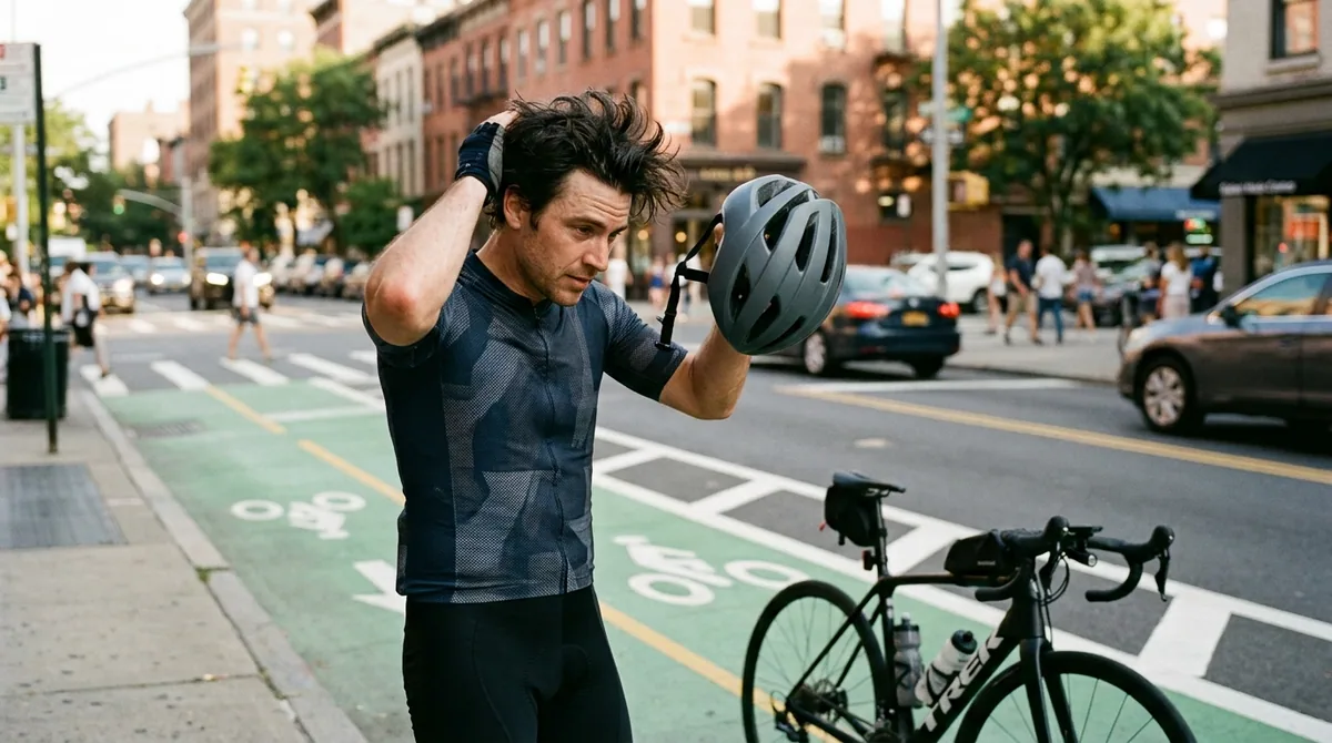A man removing a cycling helmet beside a road bike, hair intact