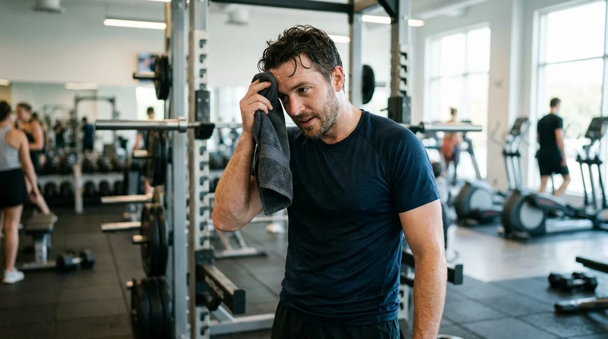 A man towelling sweat from his forehead after a gym workout, hairline neat