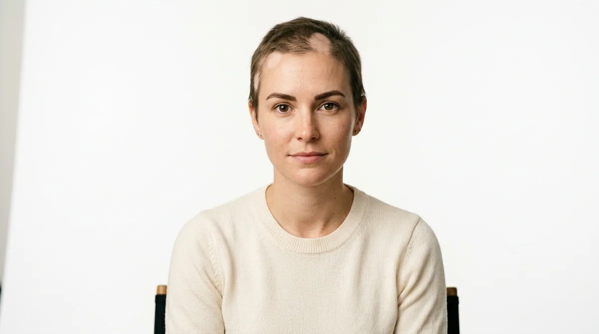 A confident portrait of a woman with visible alopecia patches, direct and dignified