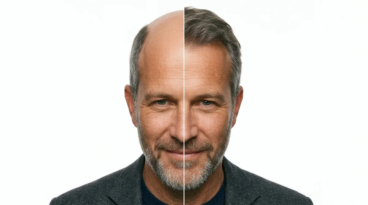 The same American man shown with advanced Norwood 4 loss on one side, a full salt-and-pepper head of hair on the other